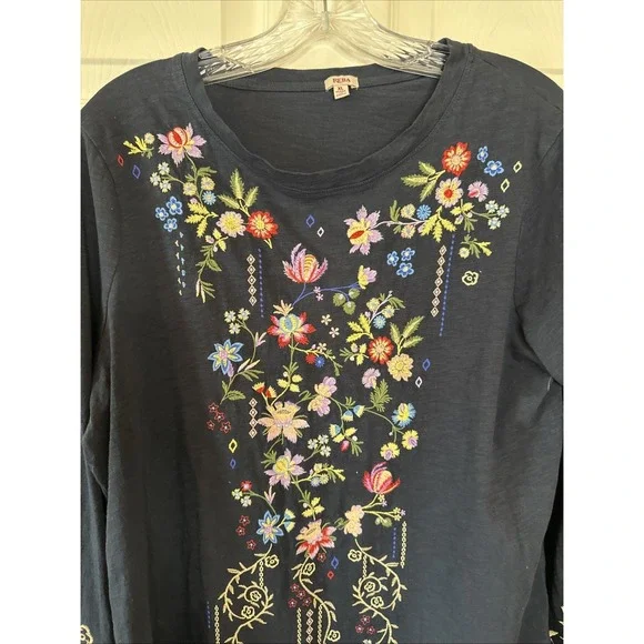 Reba Heavily Embroidered Boho Chic Artsy Festival Floral Long Sleeve Navy XL - Picture 3 of 6